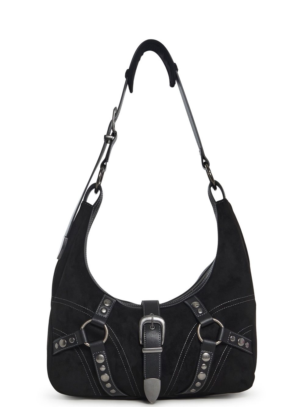 Black Suede Hobo Shoulder Bag with Buckle & Stud Details